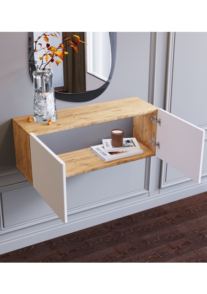 Ahşap Görünümlü Beyaz Kapaklı Çok Amaçlı Duvara Monte Makyaj Masası Dresuar Tv Ünitesi modelleri