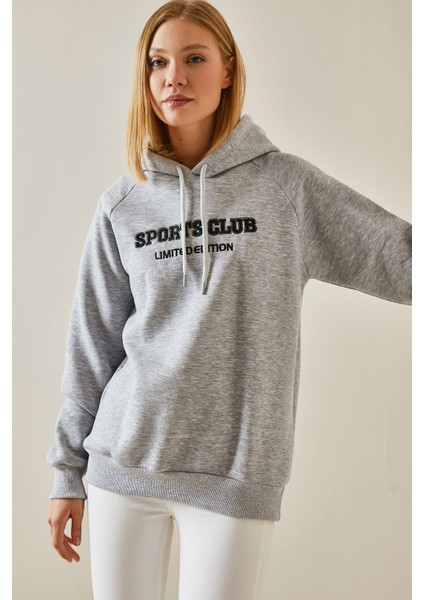 Gri Yazı Detaylı Şardonlu Kapüşonlu Sweatshirt 4KXK8-47596-03