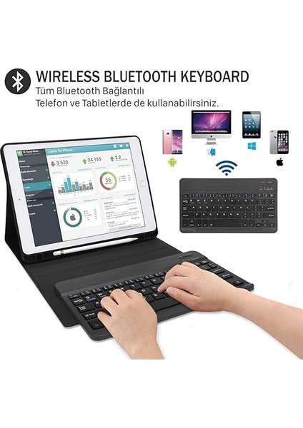 Apple ipad 9.7 2018 (6.nesil) Kılıf Seri A1893,A1954 Yatay Standlı Kalem Bölmeli Bluetooth Klavyeli Deri Kapaklı Kılıf