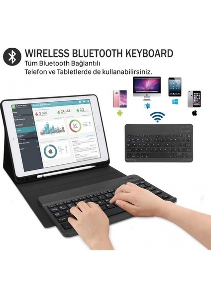 Lenovo M10 Plus TB-X606F Kılıf Yatay Standlı Kalem Bölmeli Bluetooth Klavyeli Deri Kapaklı Kılıf