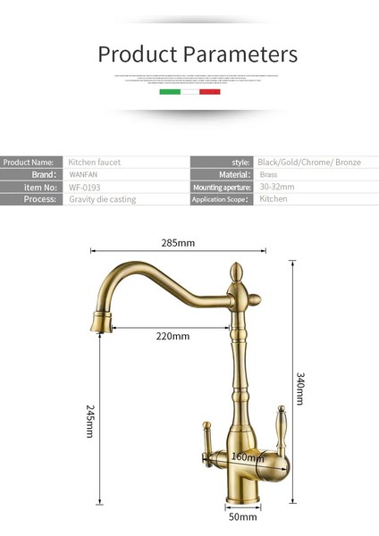 Mutfak Evye Bataryası Dual Flow Su Arıtma Çıkışlı ve Ocak Üstü Pot Musluk Takım Mat Gold Set