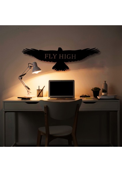 Fly High Mottolu Uçan Kartal Metal Paslanmaz Duvar Tablosu