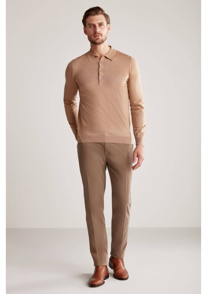 Polo Yaka Merino Yün Camel Triko