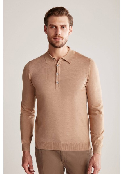 Polo Yaka Merino Yün Camel Triko