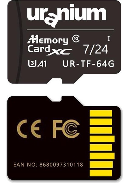 64 GB Uranıum UR-TF-64G Mıcro Sd Card U3 7/24 Surveıllance 100/40MBS Industrıal Hafıza Kartı (3 Yıl Garanti)