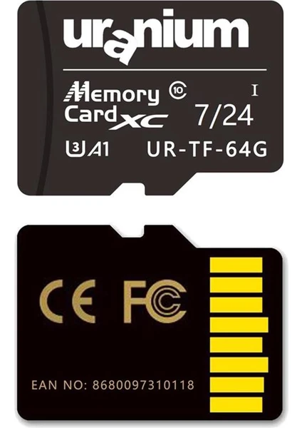 64 GB Uranıum UR-TF-64G Mıcro Sd Card U3 7/24 Surveıllance 100/40MBS Industrıal Hafıza Kartı (3 Yıl Garanti)