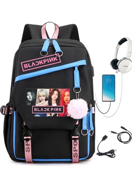 Black Pink USB Şarj Edilebilir Çok Fonksiyonlu Büyük Kapasiteli Su Geçirmez Sırt Çantası (Yurt Dışından)