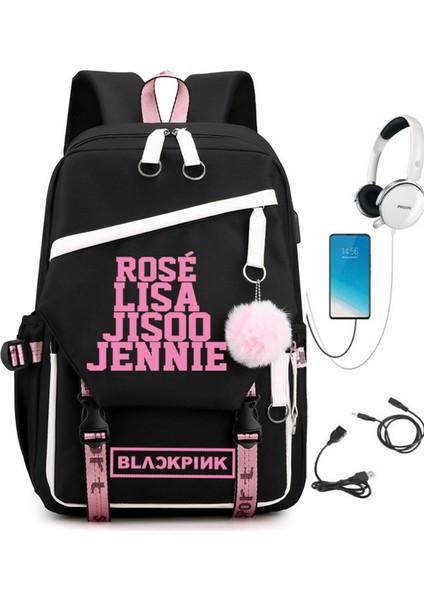 Black Pink USB Şarj Edilebilir Çok Fonksiyonlu Büyük Kapasiteli Su Geçirmez Sırt Çantası (Yurt Dışından)