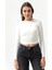 Kadın Ekru Fitilli Uzun Kollu Crop Bluz 2