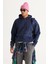 Erkek Indigo Oversize Fit Bol Kesim Kapüşonlu Içi Polarlı 3 Iplik Baskılı Sweatshirt 1
