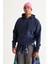 Erkek Indigo Oversize Fit Bol Kesim Kapüşonlu Içi Polarlı 3 Iplik Baskılı Sweatshirt 4