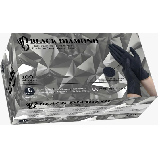 Black Dıamond(L) EN Kalın, Elmas Dokulu Noktalı Yüzeye Sahip Pudrasız Siyah Nitril Eldiven 100'LÜ Paket  Tamirci Eldiveni