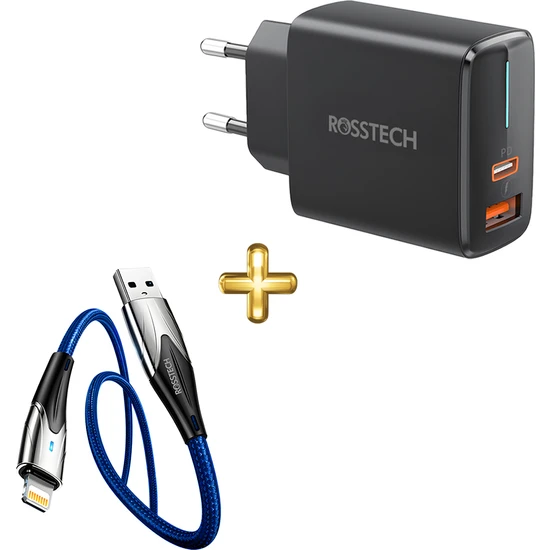 Rosstech 20W Pd Hızlı Şarj Adaptörü + Lightning To USB LED Işıklı Hızlı Şarj Kablosu Seti