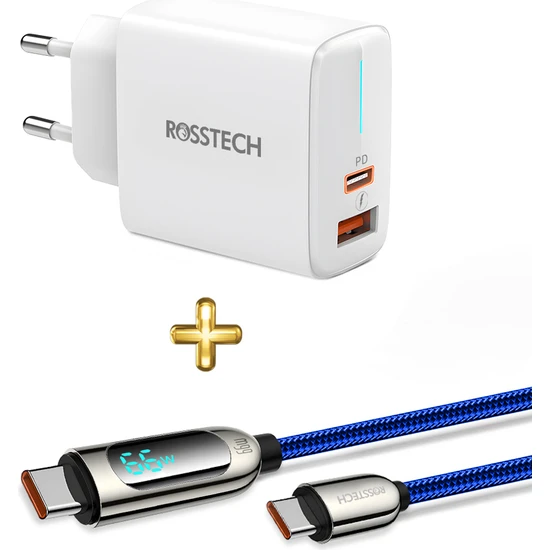 Rosstech 20W Pd Hızlı Şarj Adaptörü + 20W Usb-C To Lightning Dijtal Ekranlı Hızlı Şarj Kablosu Seti