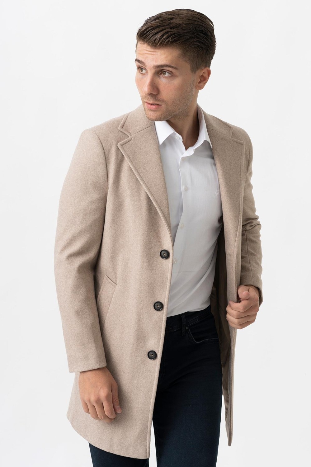 White Stone Ancona 4025-2 Düz Ceket Yaka Slim Fit Pamuklu Kaban K.bej görsel 2
