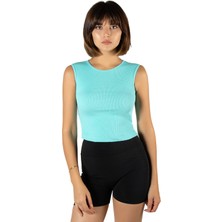 Terapi Men Kadın Turkuaz Fitted/vücuda Oturan Crop Halter Yaka Fitilli Esnek Örme Bluz Atlet 23K-TRP-CRP06
