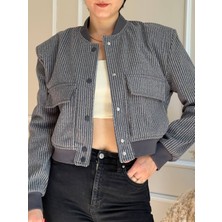 Nidi Store Gri Balıksırtı Vatkalı Torba Cepli Mevsimlik Bomber Ceket