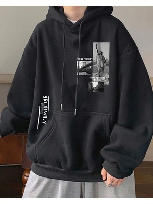 Amor Man Büyük Beden Özel Tasarım Kapüşonlu New York Baskılı 3 Iplik Şardonlu Tam Kışlık Erkek Sweatshırt