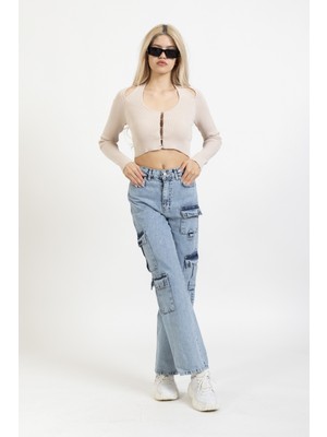 Dilvin Çok Cepli Kar Yıkama Pantolon, Jean Kargo Pantolon, Yıkamalı Wide Leg, 70843