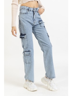 Dilvin Çok Cepli Kar Yıkama Pantolon, Jean Kargo Pantolon, Yıkamalı Wide Leg, 70843