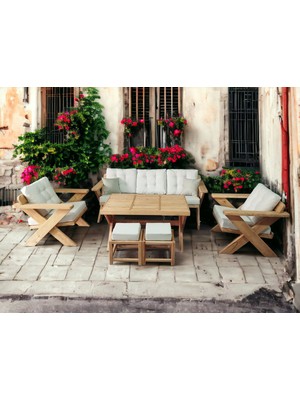 Zerka Concept Berlin Masif Ahşap Bahçe Balkon Koltuk Kestane Ağacı 3+1+1 Koltuk, Masa ve Puf Takımı Krem A.t.