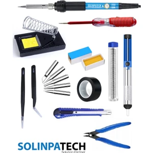 SolinpaTech 60W Sıcaklık Ayarlanabilir Havya Lehim Makinası ve Ucu, Standı, Lehim, Pompa, Cımbız, Yan Keski, Pasta, Falçata, Bant, Kontrol Kalemi