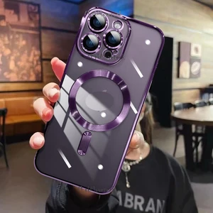 M.TK Moveteck Apple iPhone 15 Pro Max Kılıf Magsafe Wireless Şarj Destekli Parlak Titanium Renkli Kenarlı Arkası Şeffaf Case