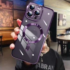 M.TK Moveteck Apple iPhone 15 Pro Kılıf Magsafe Wireless Şarj Destekli Parlak Titanium Renkli Kenarlı Arkası Şeffaf Case