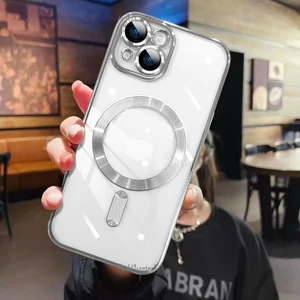 M.TK Moveteck Apple iPhone 15 Kılıf Magsafe Wireless Şarj Destekli Parlak Titanium Renkli Kenarlı Arkası Şeffaf Case