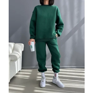 Amor Face Özel Tasarım Bisiklet Yaka Yeşil 3 İplik Kışlık Oversize Kadın Eşofman Takımı