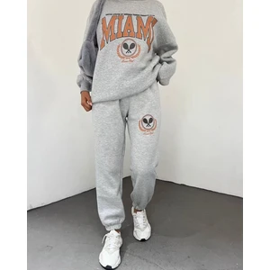 Amor Face Miami Baskılı Gri 3 İplik Pamuk Oversize Kışlık Kadın Eşofman Takımı