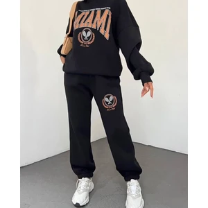 Amor Face Miami Baskılı Siyah Tam Kışlık 3 İplik Şardonlu Oversize Yeni Trend Kadın Eşofman Takımı