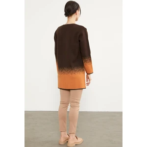 Deri Biye Detaylı Çift Renk Triko Ceket - Kahve