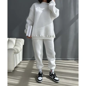 Amor Face Düz Beyaz Yuvarlak Yaka 3 İplik Şardonlu Kışlık Kadın Eşofman Takımı