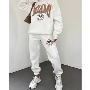 Amor Face Miami Baskılı Yeni Trend Beyaz 3 İplik Şardonlu Tam Kışlık Oversize Kadın Eşofman Takımı