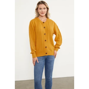 Sıfır Yaka Düğmeli Triko Hırka - Güneş