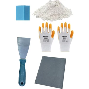 Yunus Kayatek Duvar Tamir Seti 2 kg Saten Alçısı, Spatula, Zımpara, Sıva Süngeri, İşçi Eldiveni 5 Parça Set