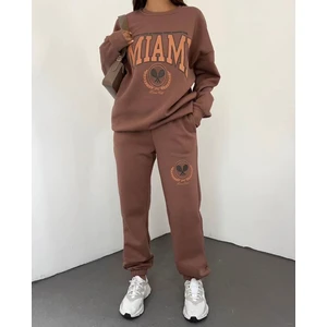 Amor Face Miami Baskılı Kahverengi Tam Kışlık 3 İplik Şardonlu Tam Kışlık Yeni Trend Kadın Eşofman Takımı