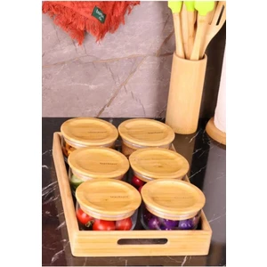 Duo Kahverengi Tepsili Bambu Kapaklı Cam Kahvaltılık 300 ml 6'lı