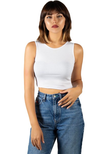 Kadın Beyaz Fitted/vücuda Oturan Crop Halter Yaka Fitilli Esnek Örme Bluz Atlet 23K-TRP-CRP06