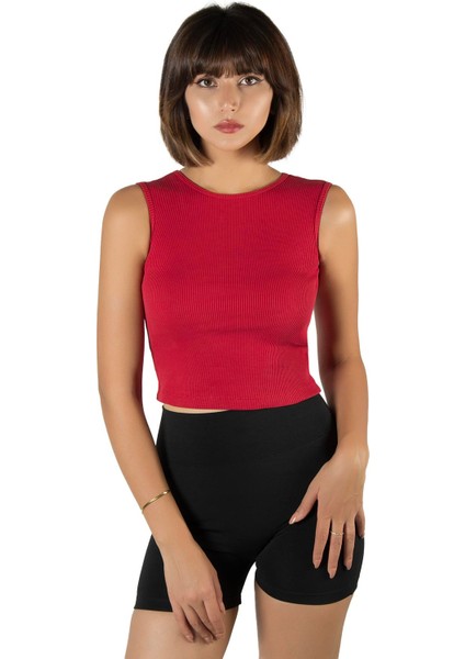 Kadın Kırmızı Fitted/vücuda Oturan Crop Halter Yaka Fitilli Esnek Örme Bluz Atlet 23K-TRP-CRP06