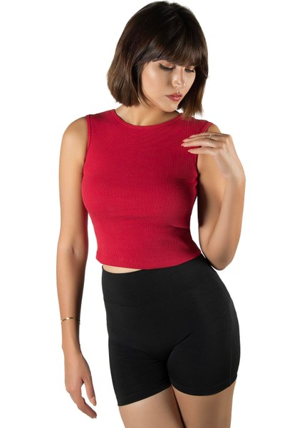 Kadın Kırmızı Fitted/vücuda Oturan Crop Halter Yaka Fitilli Esnek Örme Bluz Atlet 23K-TRP-CRP06