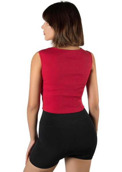 Kadın Kırmızı Fitted/vücuda Oturan Crop Halter Yaka Fitilli Esnek Örme Bluz Atlet 23K-TRP-CRP06
