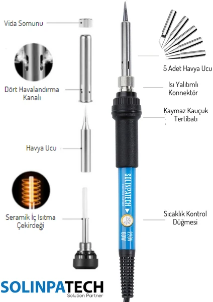SolinpaTech 60W Sıcaklık Ayarlanabilir Havya Lehim Makinası ve Ucu