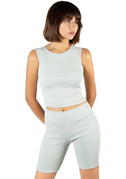 Kadın Yeşil Fitted/vücuda Oturan Crop Halter Yaka Fitilli Esnek Örme Bluz Atlet 23K-TRP-CRP06