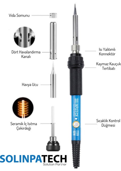 60W Sıcaklık Ayarlanabilir Kalem Havya, Standı, Pompa, Lehim, Bant, Lehim Pastası