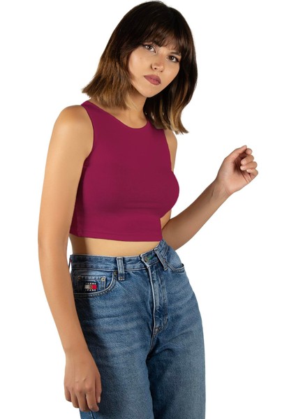Kadın Fuşya Fitted/vücuda Oturan Crop Halter Yaka Fitilli Esnek Örme Bluz Atlet 23K-TRP-CRP06