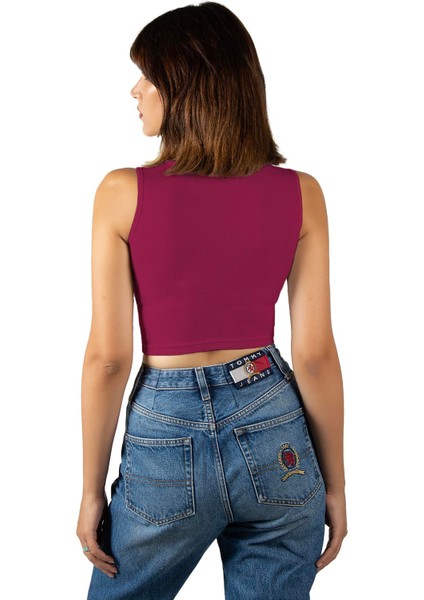 Kadın Fuşya Fitted/vücuda Oturan Crop Halter Yaka Fitilli Esnek Örme Bluz Atlet 23K-TRP-CRP06 modelleri