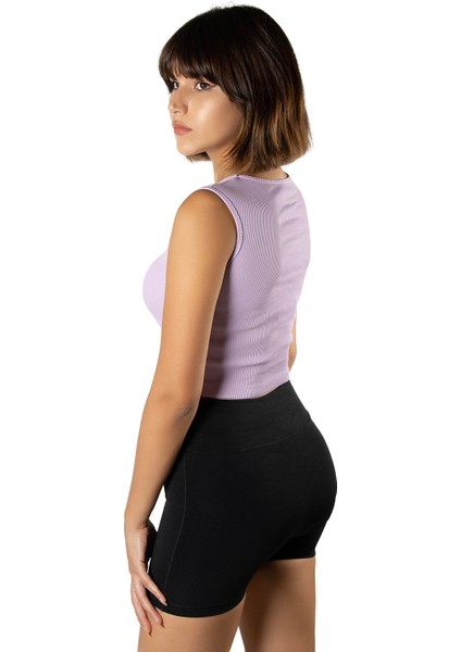 Kadın Lila Fitted/vücuda Oturan Crop Halter Yaka Fitilli Esnek Örme Bluz Atlet 23K-TRP-CRP06 fırsatları