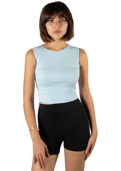 Kadın Açık Mavi Fitted/vücuda Oturan Crop Halter Yaka Fitilli Esnek Örme Bluz Atlet 23K-TRP-CRP06